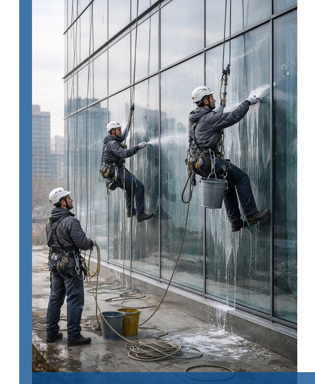 Промышленная мойка панорамных окон на высоте в Беслане