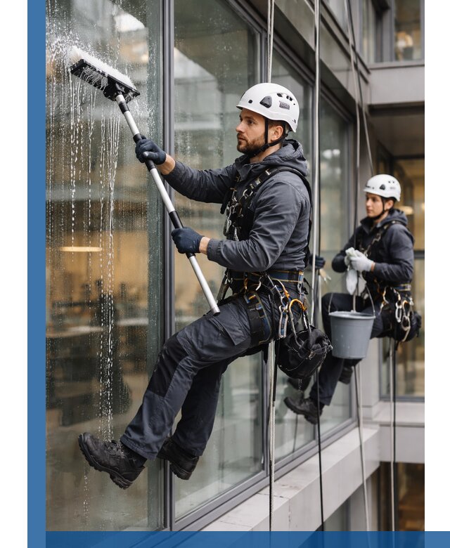 Профессиональная мойка витражей промышленными альпинистами в Беслане