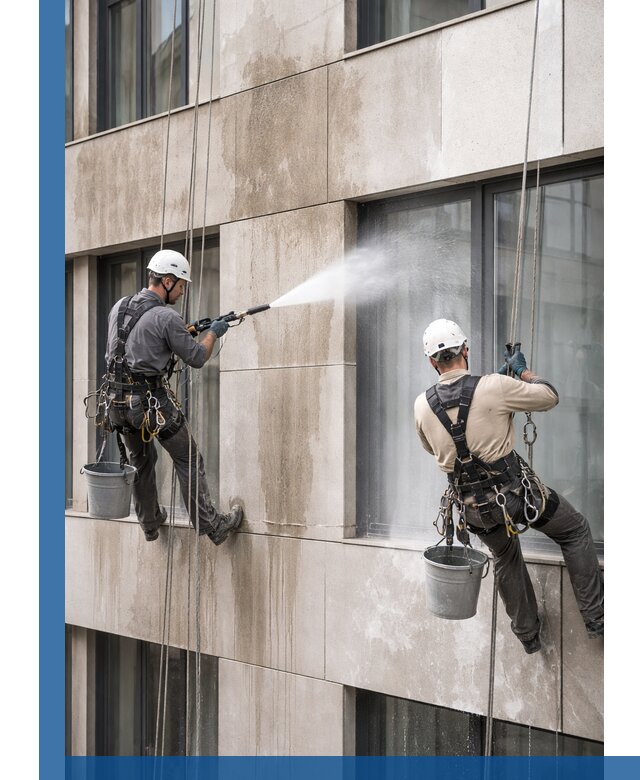 Послестроительная мойка фасада промышленным альпинизмом в Беслане