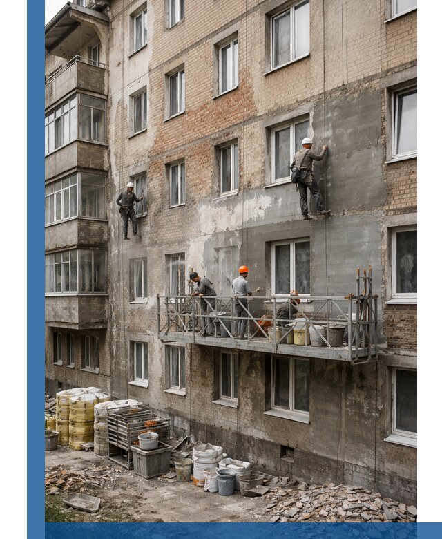 Капитальный ремонт фасада в Беслане с восстановлением и гидроизоляцией