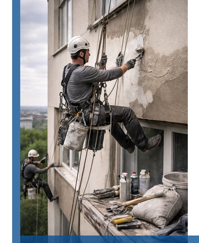 Косметический ремонт фасада зданий в Беслане промышленными альпинистами