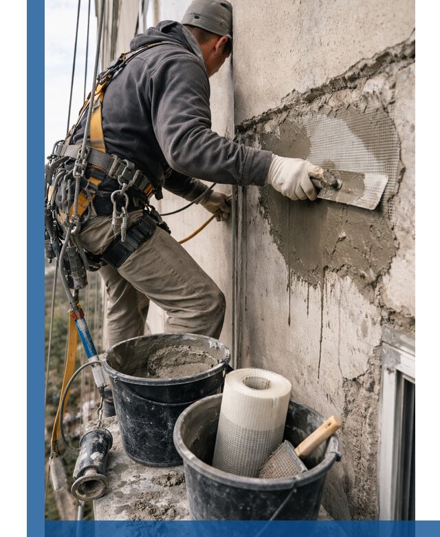 Ремонт бетонных элементов фасада промышленными альпинистами в Беслане