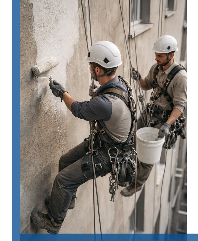 Грунтовка фасада на высоте в Беслане промышленными альпинистами