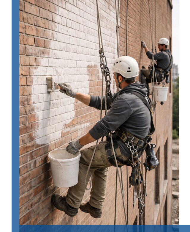 Покраска кирпичного фасада с доступным альпинистским сервисом в Беслане