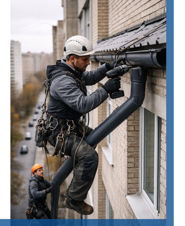 Монтаж водосточной системы на здании в Беслане от 5063 р. | ВЫСОТНИК-Бсл