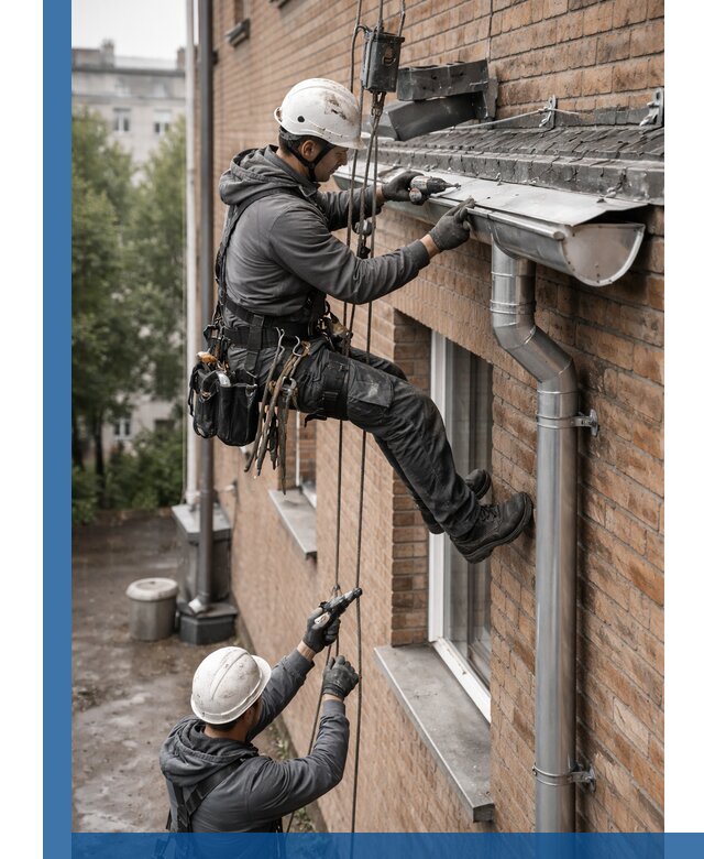 Монтаж водосточной системы на здании в Беслане под ключ