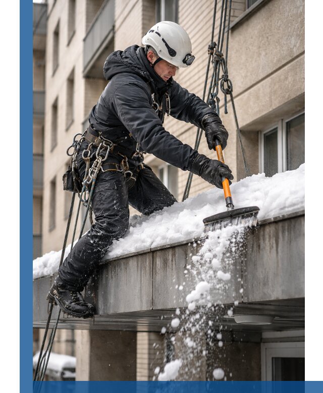 Очистка козырьков от снега в Беслане круглогодично безопасно