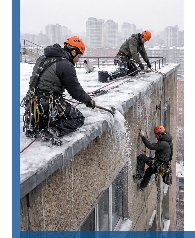 Удаление наледи с кровли в Беслане промышленными альпинистами