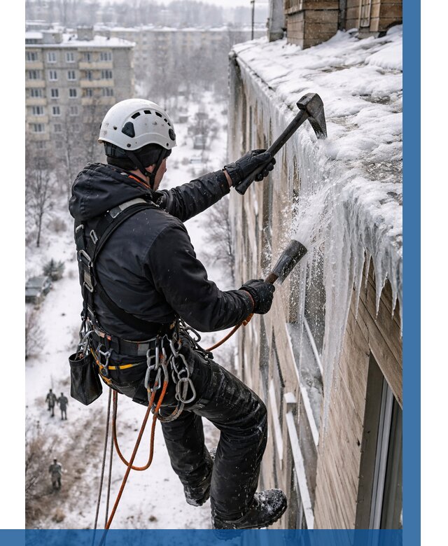 Сбивание сосулек с крыши в Беслане по цене от 4557 р. | ВЫСОТНИК-Бсл