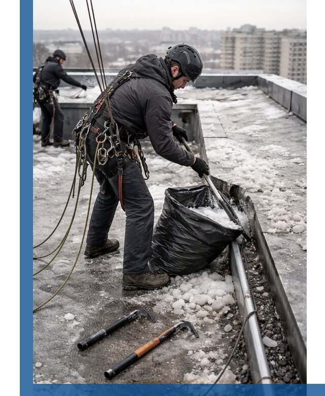 Аварийная очистка кровли в Беслане от промальпинистов