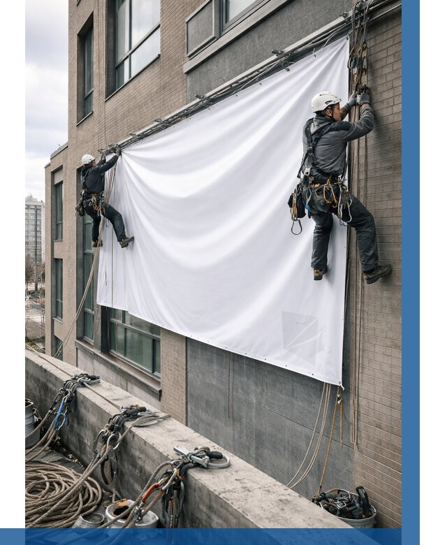 Монтаж баннеров на фасаде в Беслане от 658 р. заказать ВЫСОТНИК-Бсл