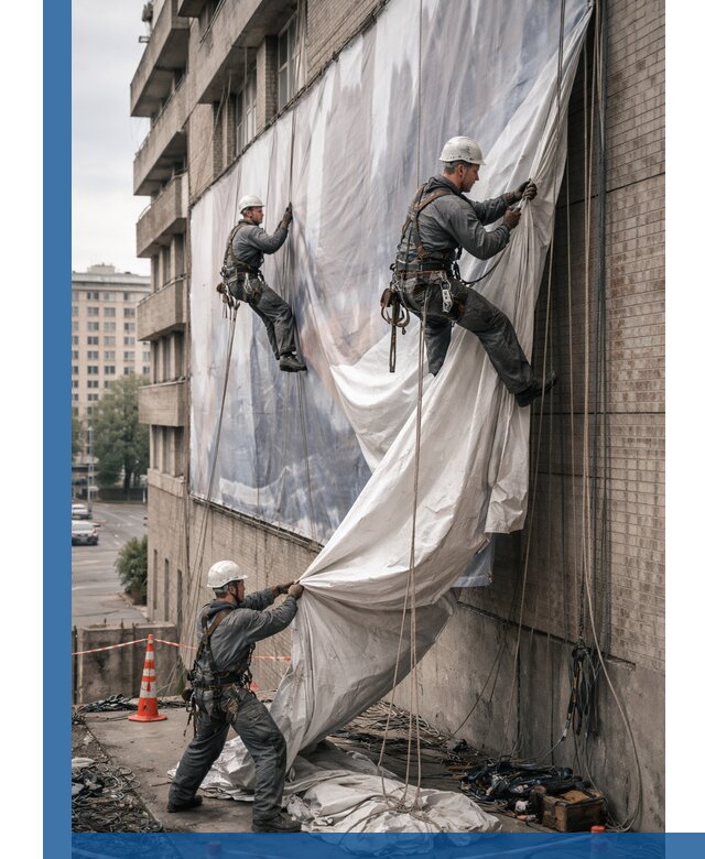 Демонтаж баннеров с фасада в Беслане оперативно и безопасно