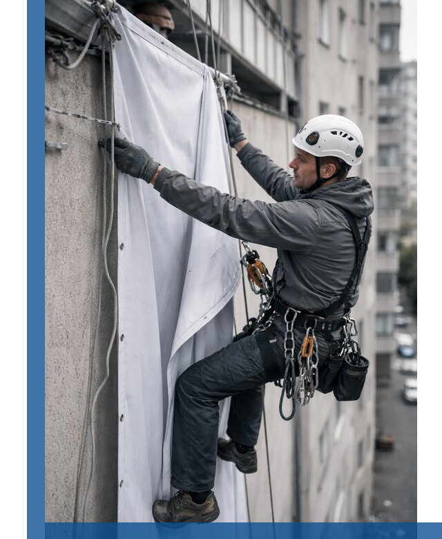 Замена баннерного полотна промышленными альпинистами в Беслане