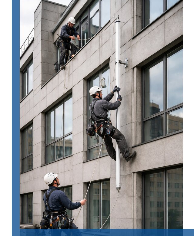 Монтаж флагштока на фасаде здания с креплением и герметикой в Беслане