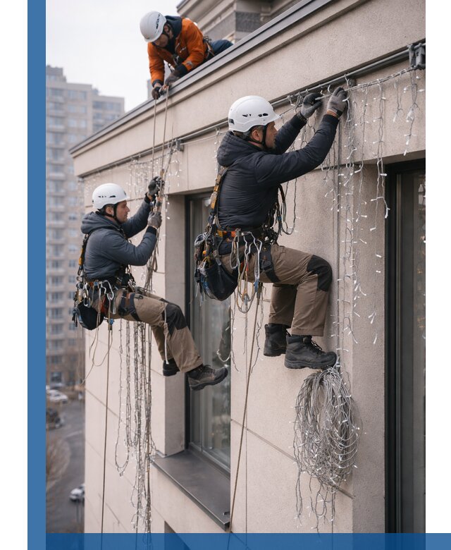 Монтаж праздничных гирлянд на фасаде в Беслане для зданий