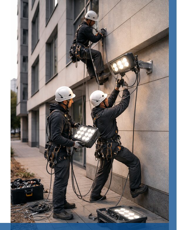 Монтаж прожекторов на фасаде в Беслане от 7595 р. | ВЫСОТНИК-Бсл