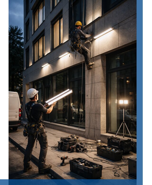 Монтаж архитектурной подсветки здания в Беслане от 2532 р.|ВЫСОТНИК-Бсл