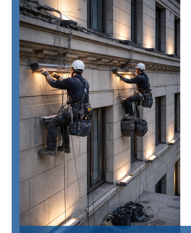 Монтаж архитектурной подсветки фасадов зданий в Беслане