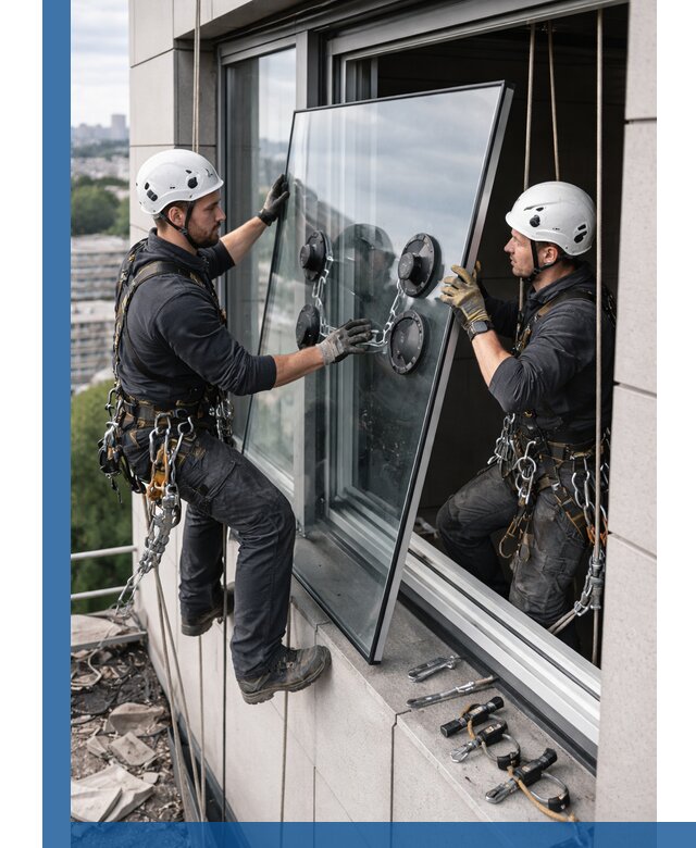 Замена стеклопакетов на высоте с промышленными альпинистами в Беслане