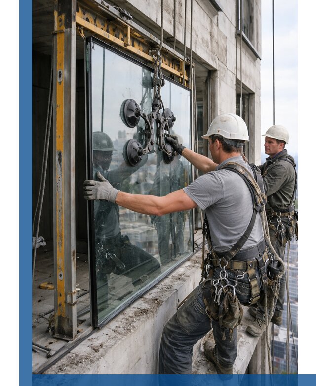 Монтаж стеклопакетов на высоте в Беслане с промышленным альпинизмом