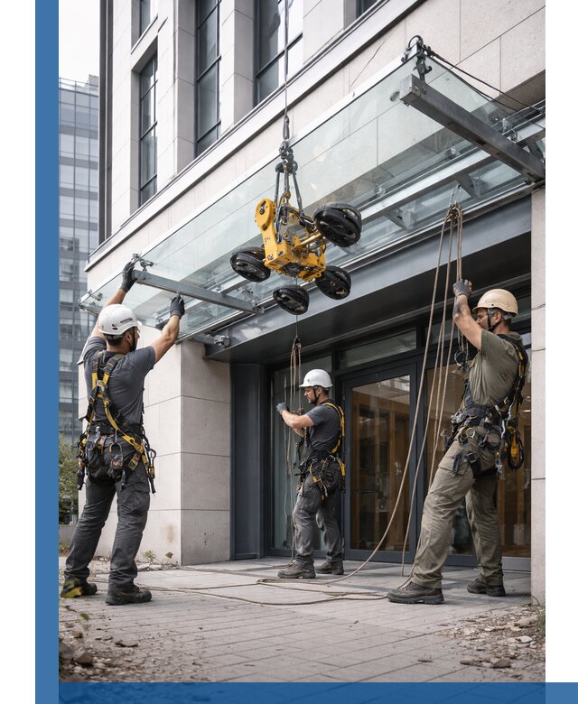 Монтаж стеклянных козырьков под ключ в Беслане для зданий