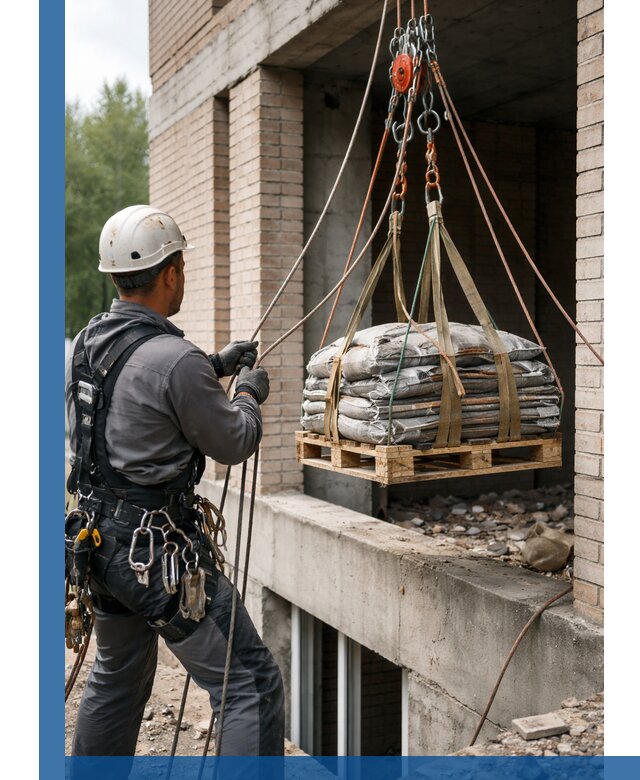 Подъем материалов на этаж веревками в Беслане оперативно