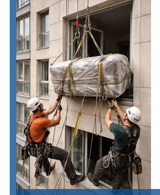 Подъем грузов через окно в Беслане промышленными альпинистами