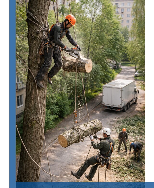 Спил деревьев альпинистами в Беслане, безопасно и без повреждений
