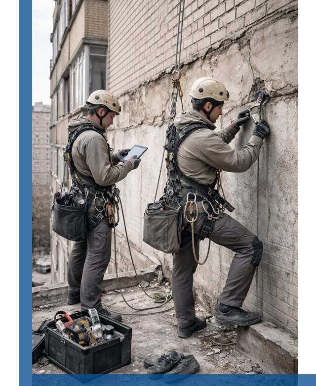 Обследование фасада промышленными альпинистами в Беслане